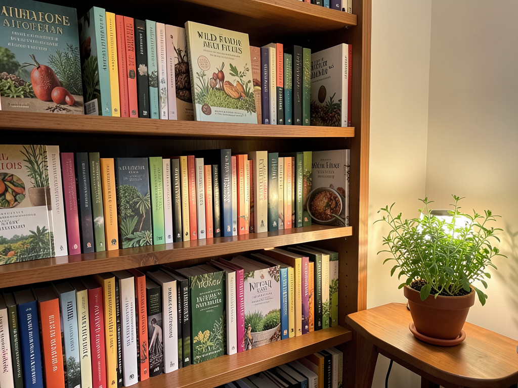 A cozy bookshelf filled with colorful foraging and wild food cookbooks, with a small potted wild herb plant next to it, warm ambient lighting