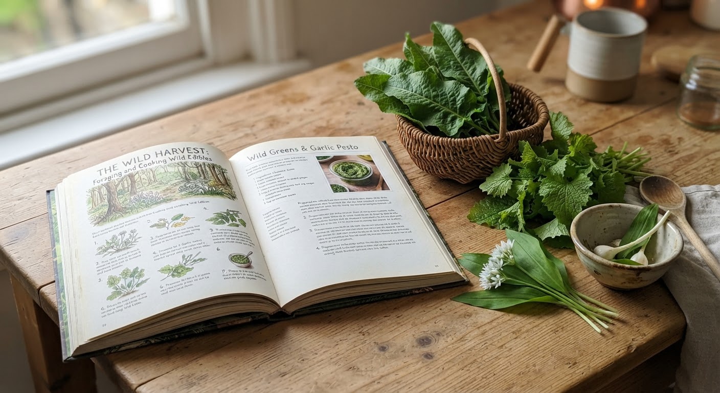 An open copy of Forage Harvest Feast on a wooden table with fresh dock leaves, garlic mustard, and wild garlic laid out beside it, soft kitchen lighting
