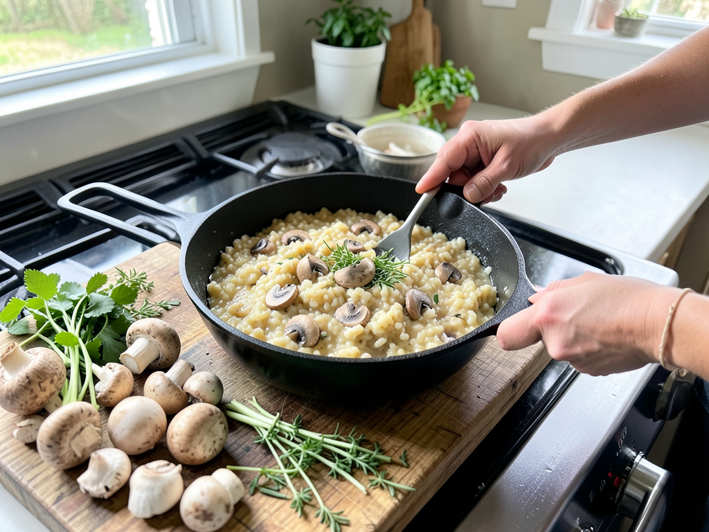 A person’s hands preparing wild mushroom risotto in a cast iron skillet, surrounded by foraged mushrooms and fresh herbs on a wooden board