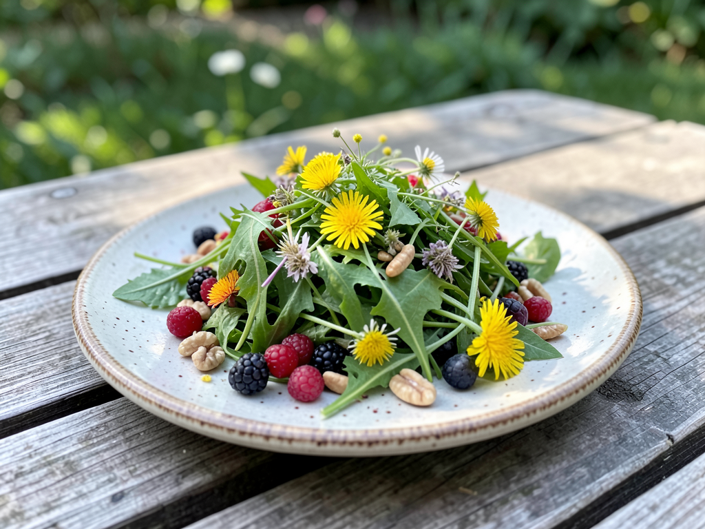A beautifully plated salad made with dandelion greens, edible wild flowers, fresh wild berries, and nuts on a rustic ceramic plate