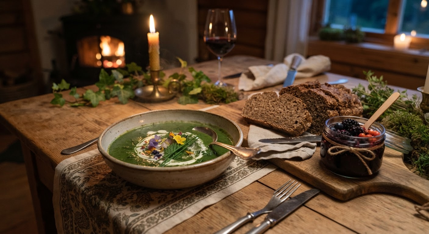 A completed wild foraged meal on a dinner table featuring nettle soup, acorn bread, and wild berry compote, candles lit with warm evening ambiance