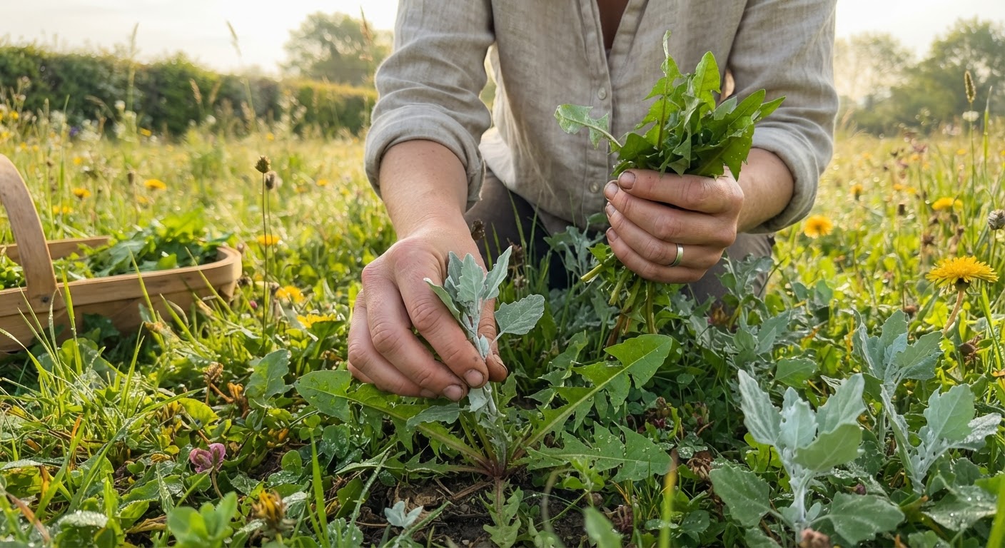 Close-up of a person’s hands picking fresh dandelion leaves and lamb’s quarters from a green meadow, morning light, natural textures, realistic, shot by iphone 13