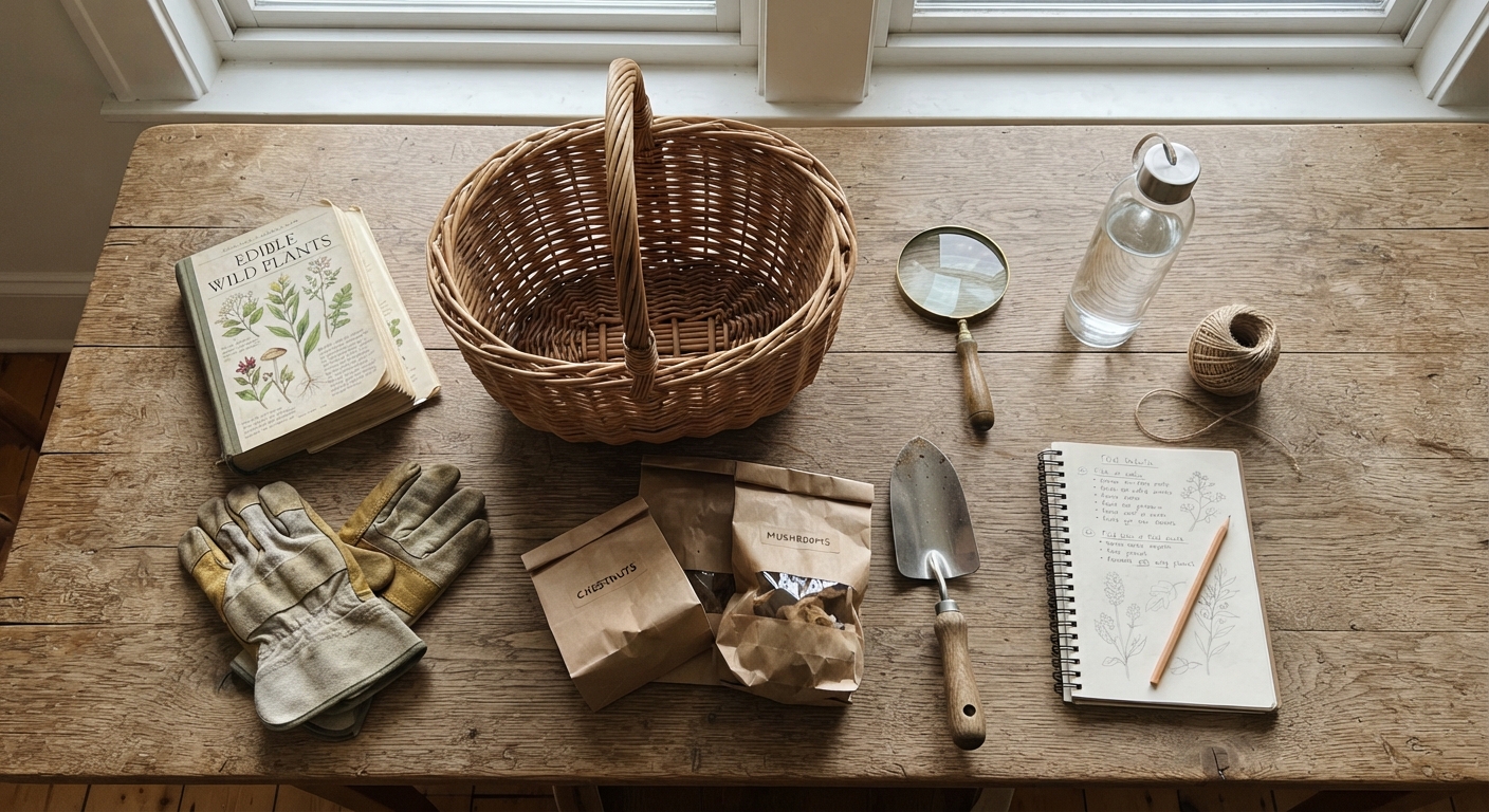 Flat lay of essential foraging equipment on a rustic wooden table: a well-worn field guide book, a wicker basket, gardening gloves, a small trowel, paper bags, a magnifying glass, a water bottle, and a notebook with pencil, natural window lighting, realistic, shot by iphone 13