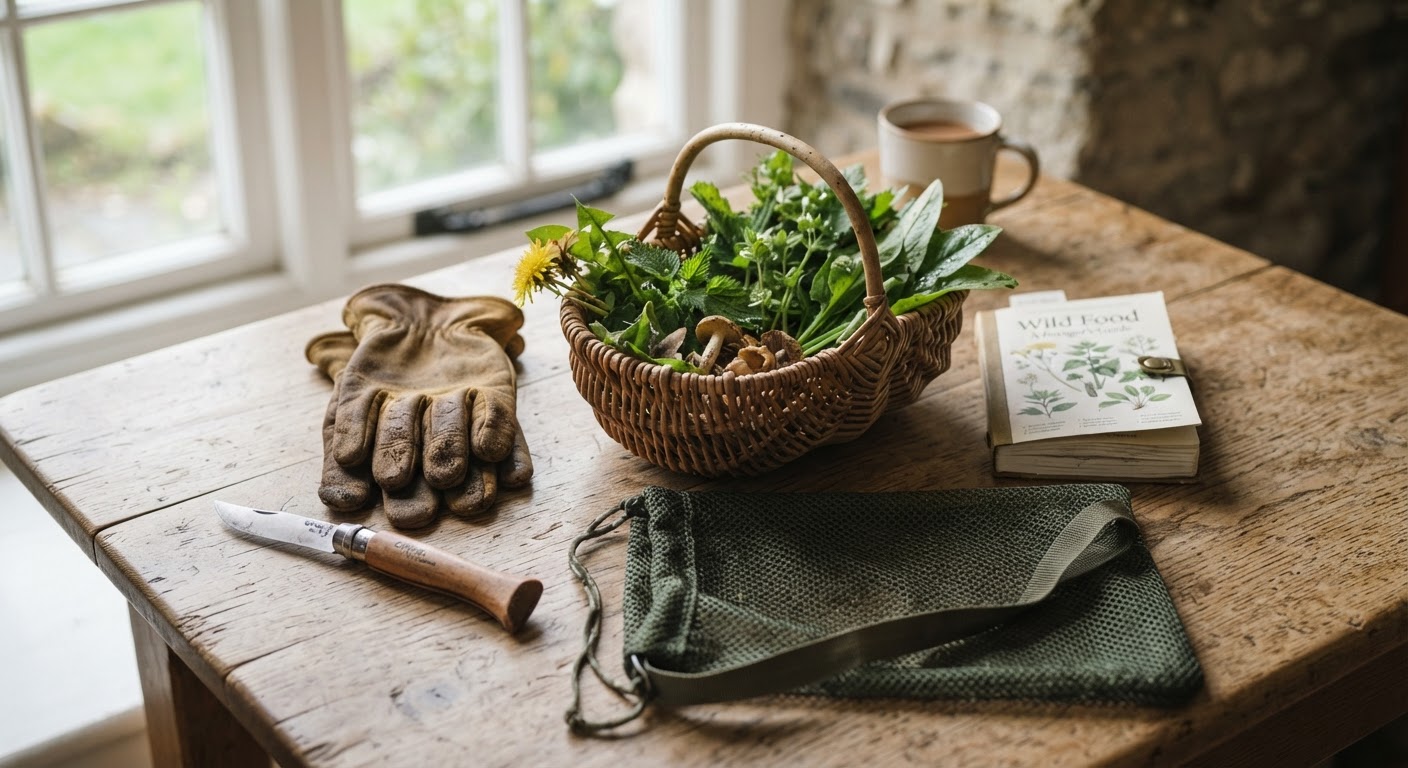 A foragers basic field kit on a rustic wooden table — pocket knife, field guide, basket, gloves, and fresh wild greens