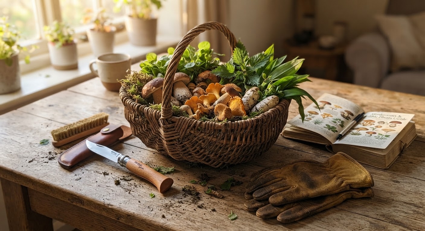 A complete forager’s kit laid out on a wooden table with knife, basket, gloves and wild plants