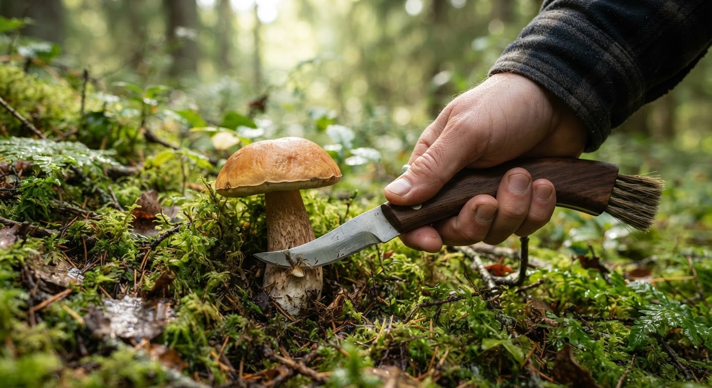 Harvesting chanterelle mushrooms with a curved foraging knife in the forest