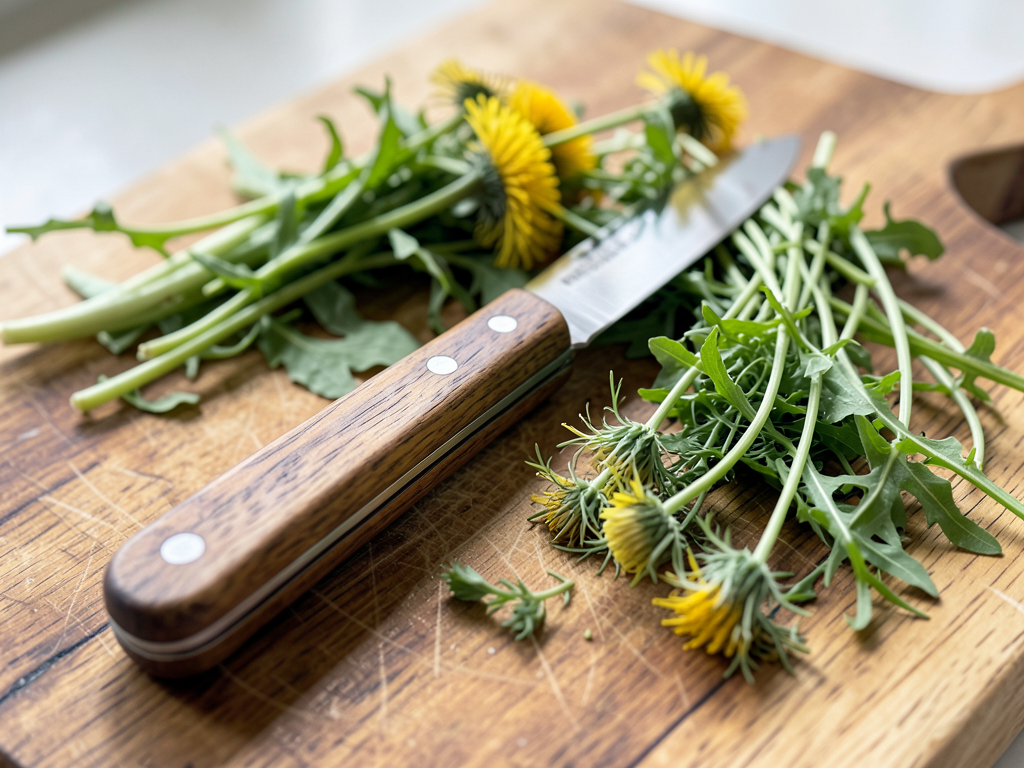 Close-up of a classic wooden-handle folding foraging knife with fresh wild herbs