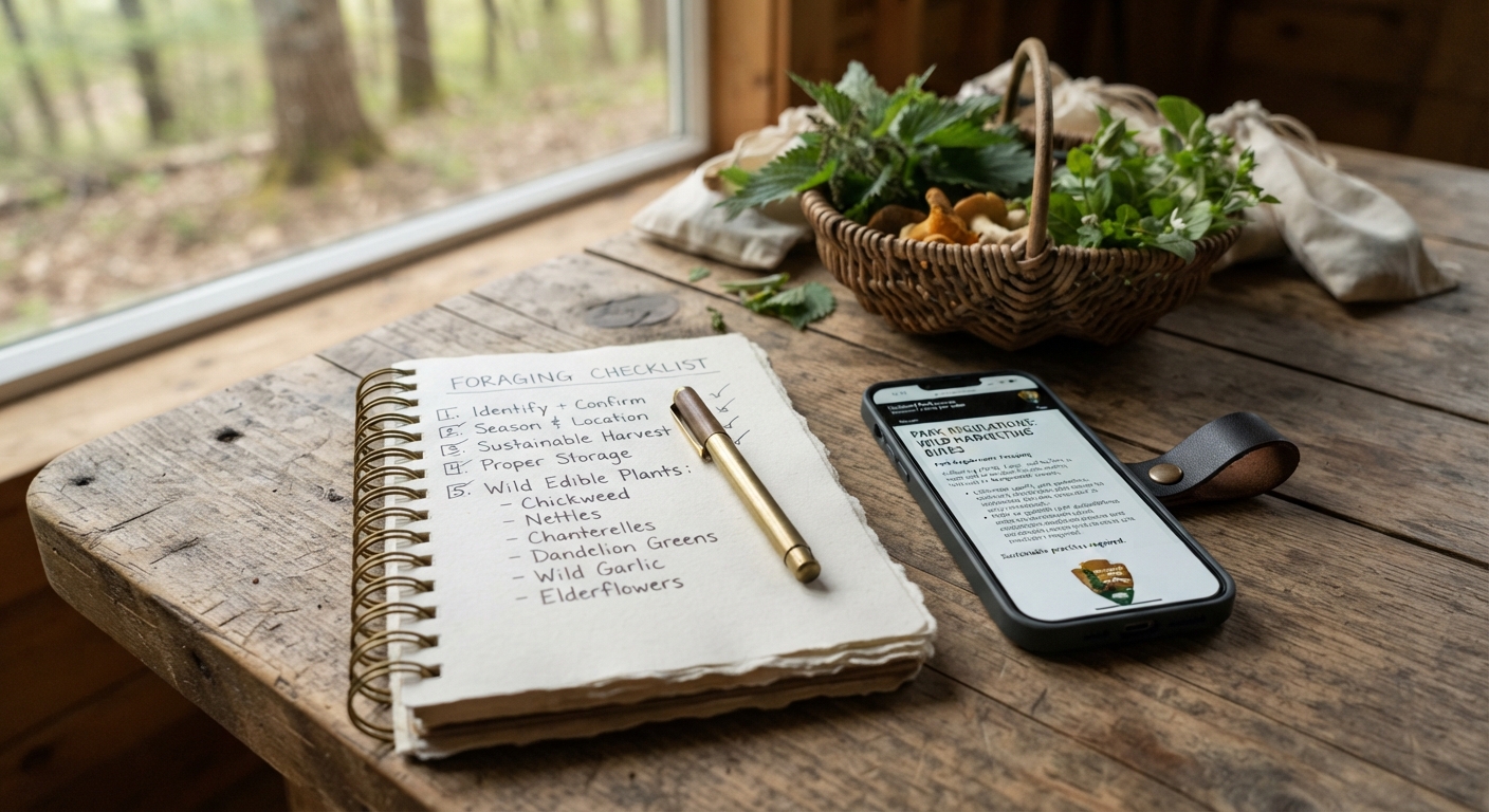 A close-up shot of a handwritten foraging checklist notebook next to a smartphone showing a park regulations webpage, wild edible plants and a small wicker basket in the background on a wooden table, natural window light, realistic, shot by iphone 13