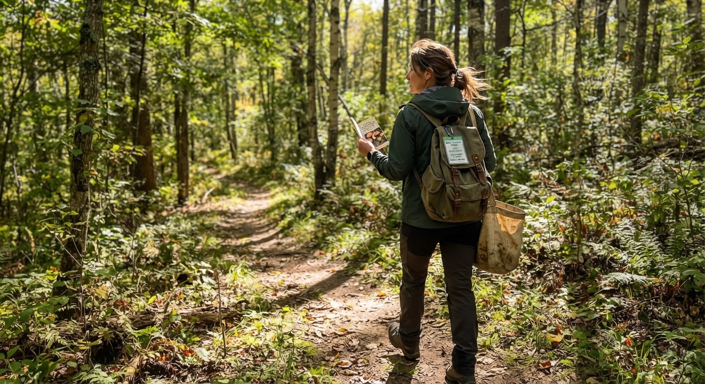 A forager with a permit tag visible on their backpack walking on a sunlit forest trail, carrying a field guide and canvas collecting bag, dappled sunlight streaming through tree canopy, realistic, shot by iphone 13