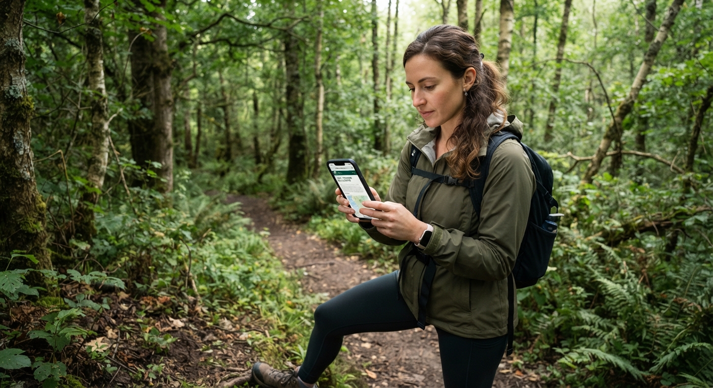 A person using a smartphone to look up local foraging regulations while standing at the edge of a forest trail, the phone screen faintly visible showing a regulations page, natural outdoor lighting filtering through trees, realistic, shot by iphone 13