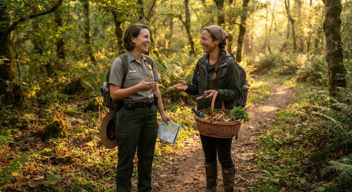 A park ranger in uniform having a friendly conversation with a forager holding a wicker basket on a forest trail, late afternoon sunlight filtering through trees creating dappled shadows, realistic, shot by iphone 13