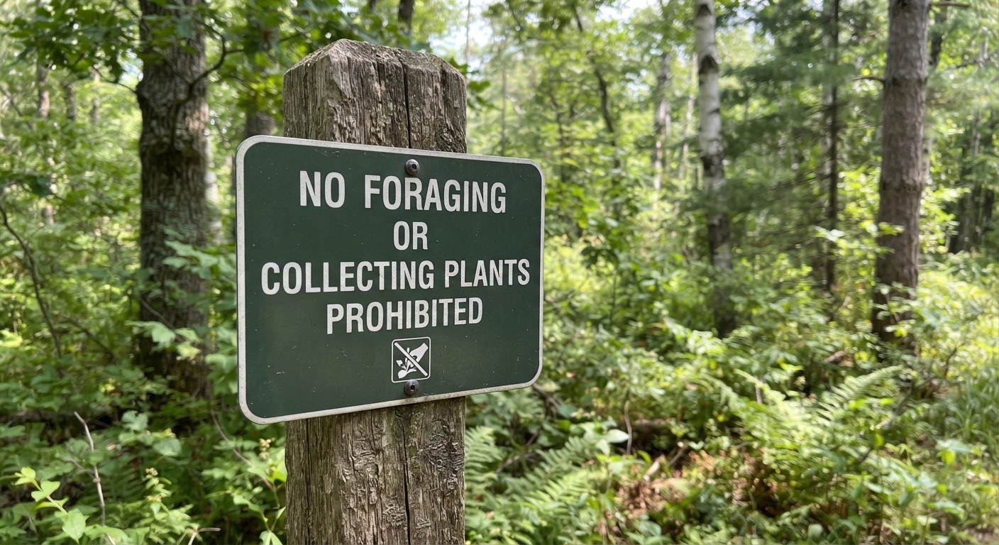 A metal park regulations sign on a wooden post in a forest setting, informing visitors about park rules, lush green foliage in the background, realistic, shot by iphone 13