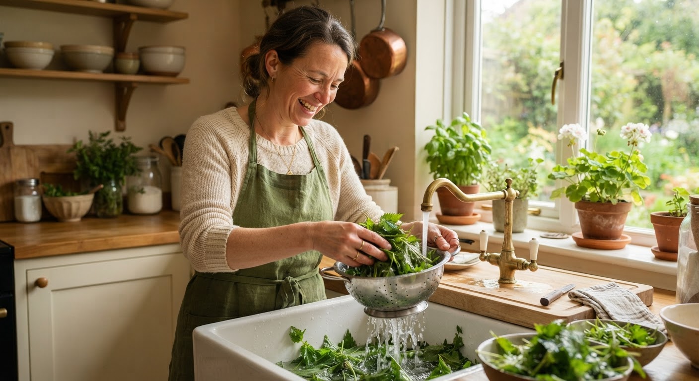 Washing freshly foraged wild greens in a kitchen sink