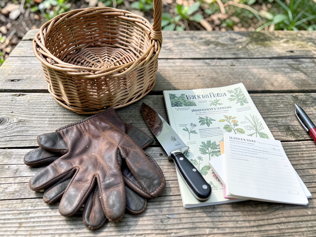 Well-organized foraging kit with guidebook and tools