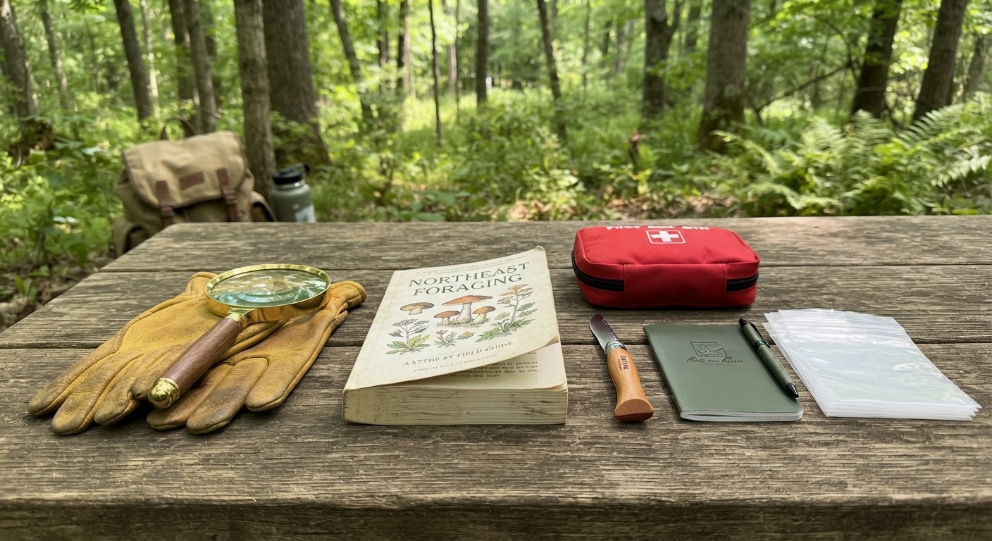 A foraging safety kit laid out neatly on a wooden table outdoors, including a field guide book, magnifying glass, leather gloves, small knife, ziplock bags, first aid kit, and a notebook, natural daylight, realistic, shot by iphone 13