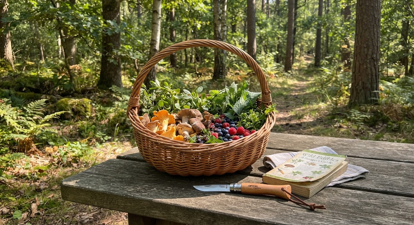 A wicker basket half-filled with wild greens, mushrooms, and berries on a wooden picnic table
