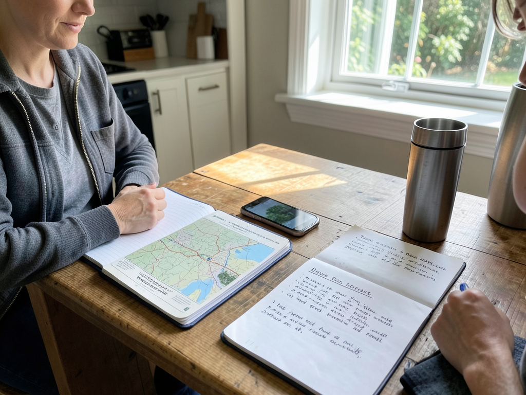 A person planning a foraging route at a kitchen table with notebook, field guide, and smartphone