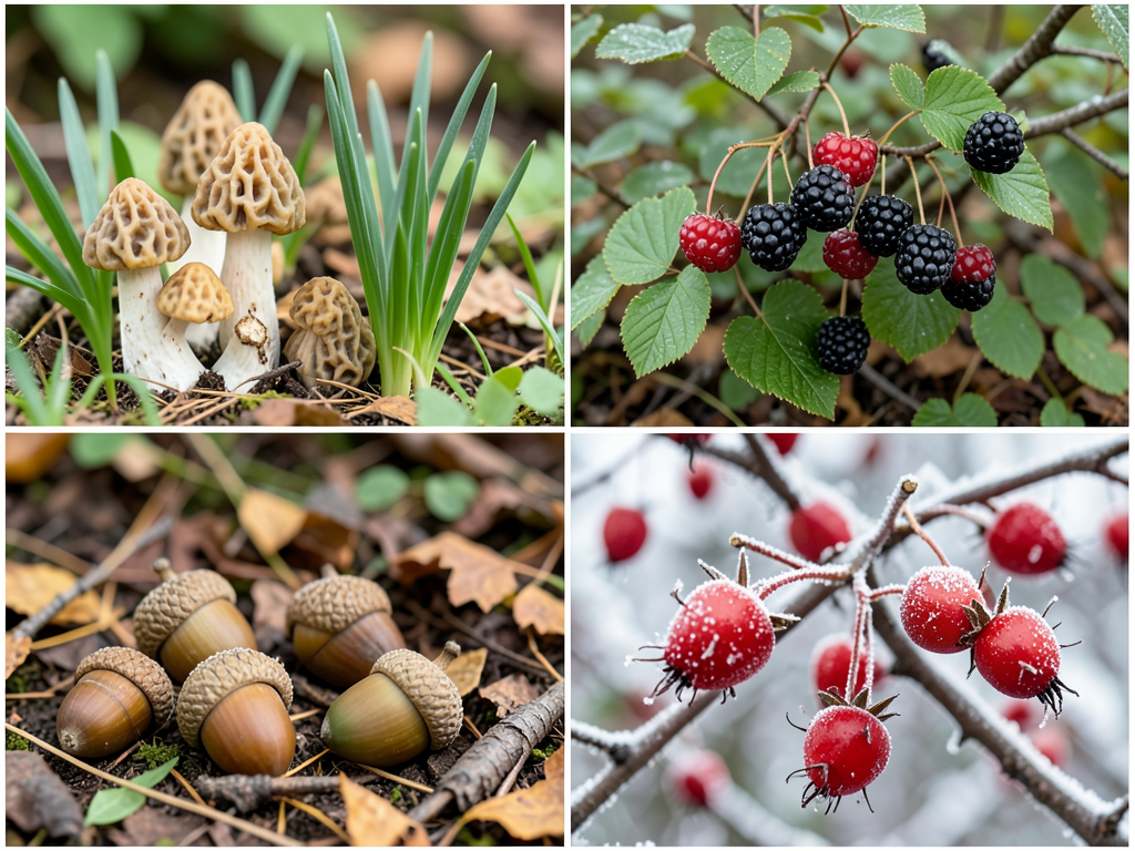 Seasonal foraging collage: spring morels and wild garlic, summer blackberries, autumn acorns and walnuts, winter rosehips