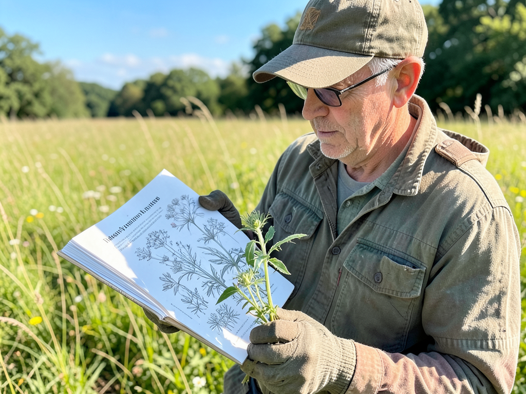 A forager comparing a wild plant against a field guide in a sunlit meadow, wearing gloves