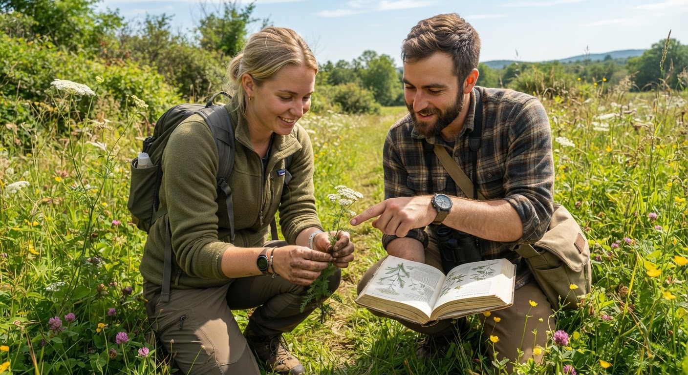 Two foragers examining a plant together in a sunlit meadow, one pointing at a field guide