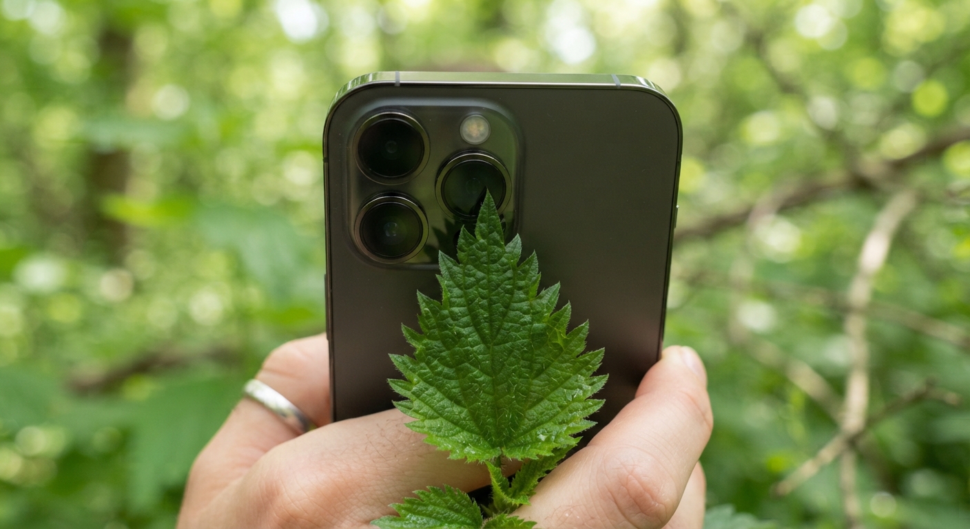 Extreme close-up of a smartphone lens capturing the serrated leaf detail of a wild edible plant