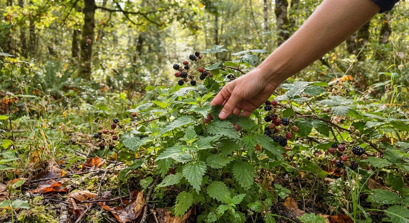 A hand reaching into a sun-dappled forest edge clearing, fingers brushing against a patch of stinging nettle growing alongside wild blackberry canes heavy with ripe fruit, rich green woodland understory with fallen leaves on the ground, soft filtered sunlight through tree canopy, realistic, shot by iphone 13