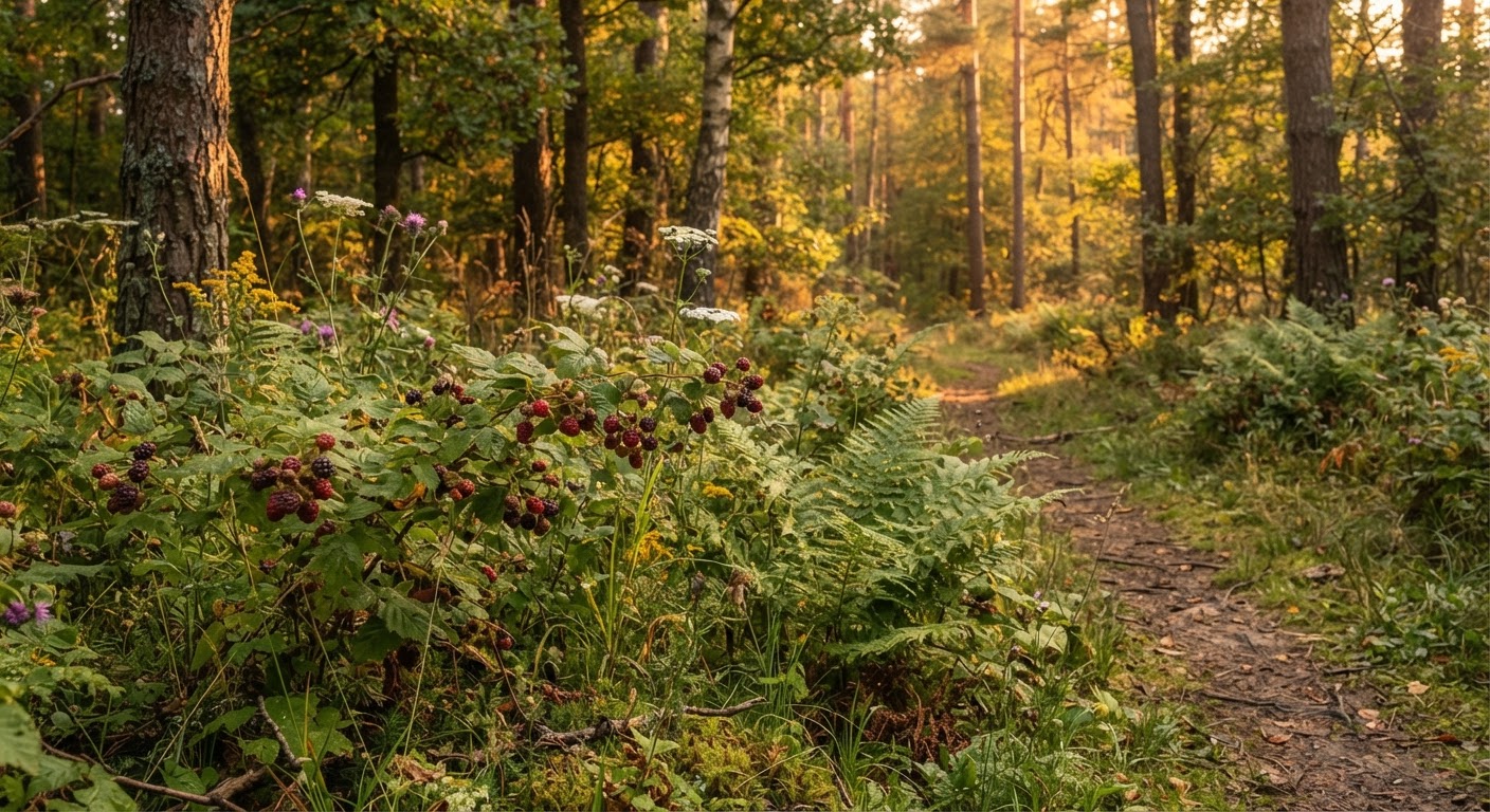 Peaceful forest scene at sunset with wild edible plants in foreground