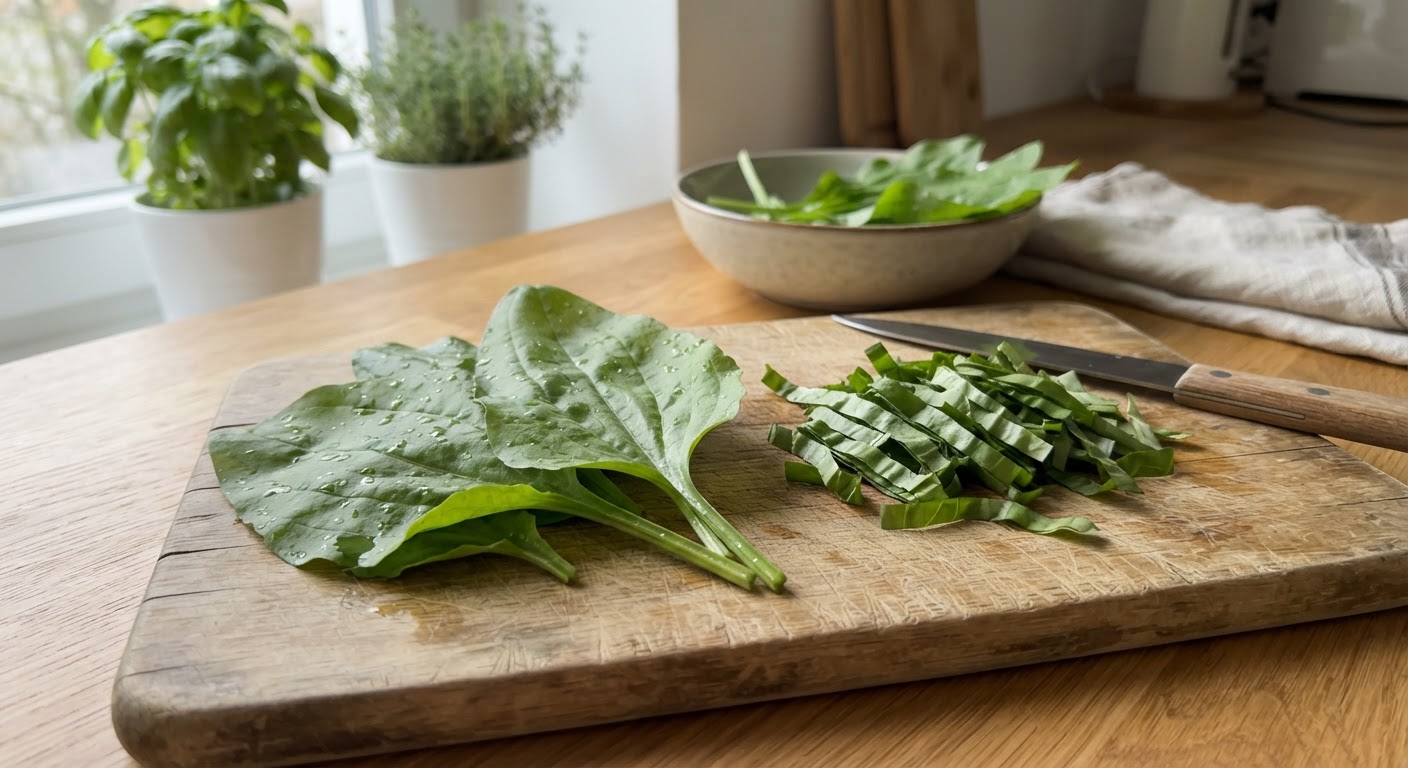 Fresh broadleaf plantain greens washed and placed on a rustic wooden cutting board in a home kitchen, some leaves whole showing the distinctive parallel veins and some chopped into strips, natural window light, food photography style, realistic, shot by iphone 13