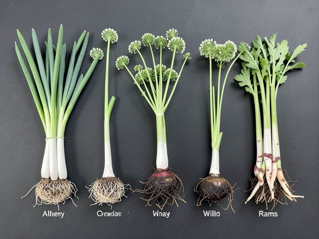 Five Allium species side by side with labels