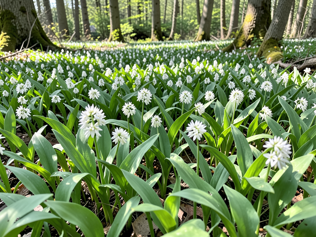 Carpet of wild garlic on woodland floor in spring