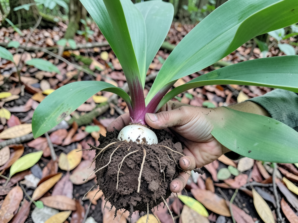 Freshly dug ramp showing red stem and white bulb