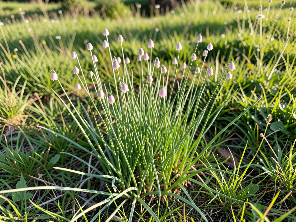 Wild onion cluster with pink flowers in grassy meadow