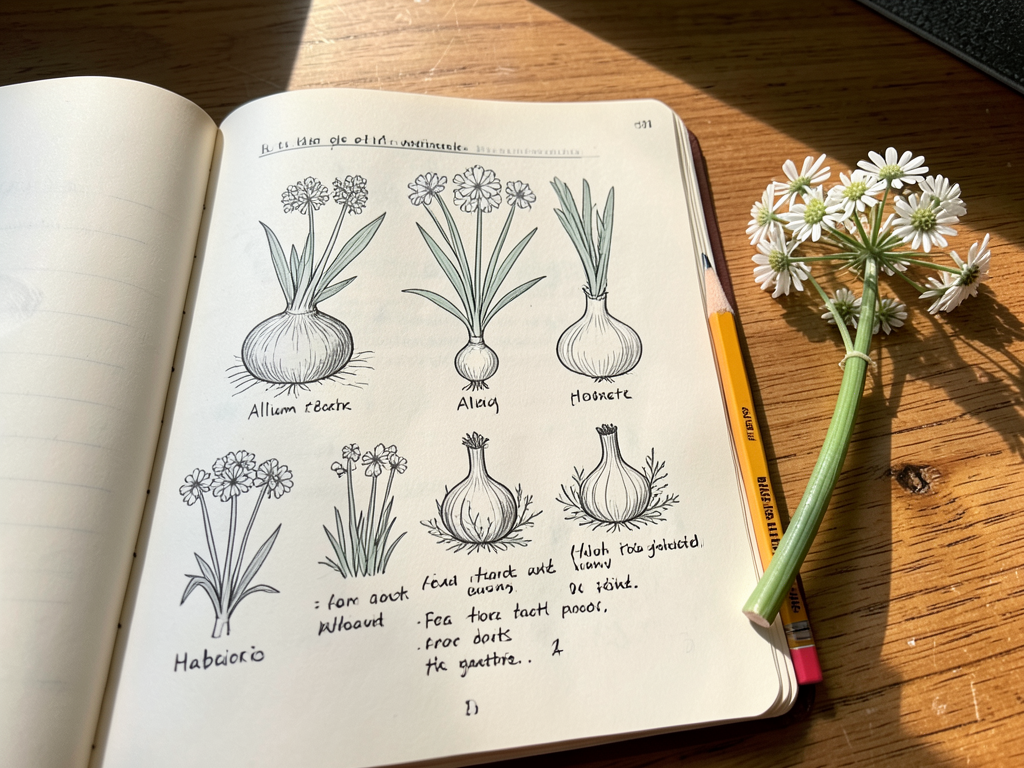 Hand-drawn field notebook of five Allium species