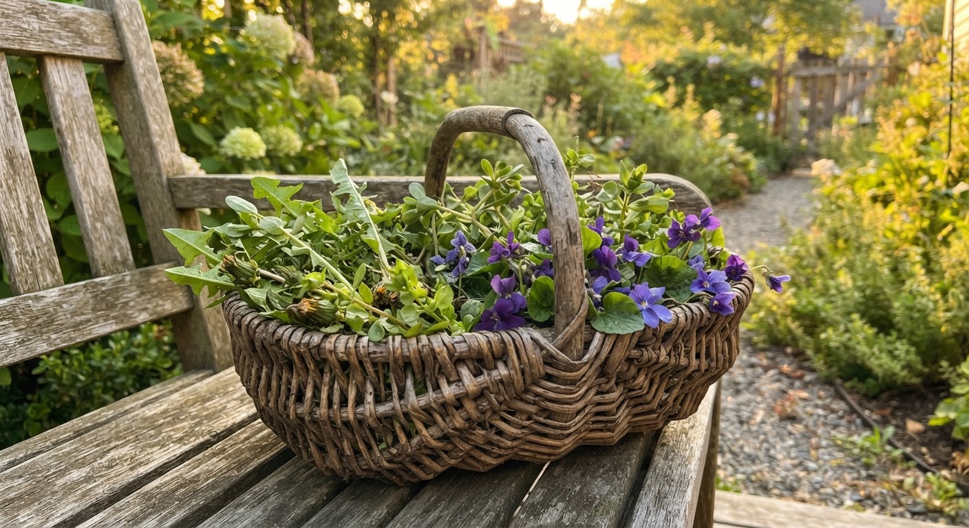 A rustic wooden basket filled with freshly harvested wild edible weeds — dandelion greens, purslane, chickweed, and violet flowers — on a garden bench at golden hour