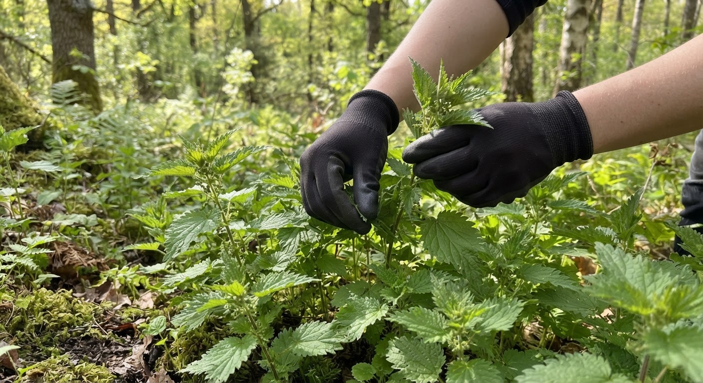 Close-up of gloved hands carefully harvesting young stinging nettle tops from a wild patch, green serrated leaves with dappled sunlight in forest background