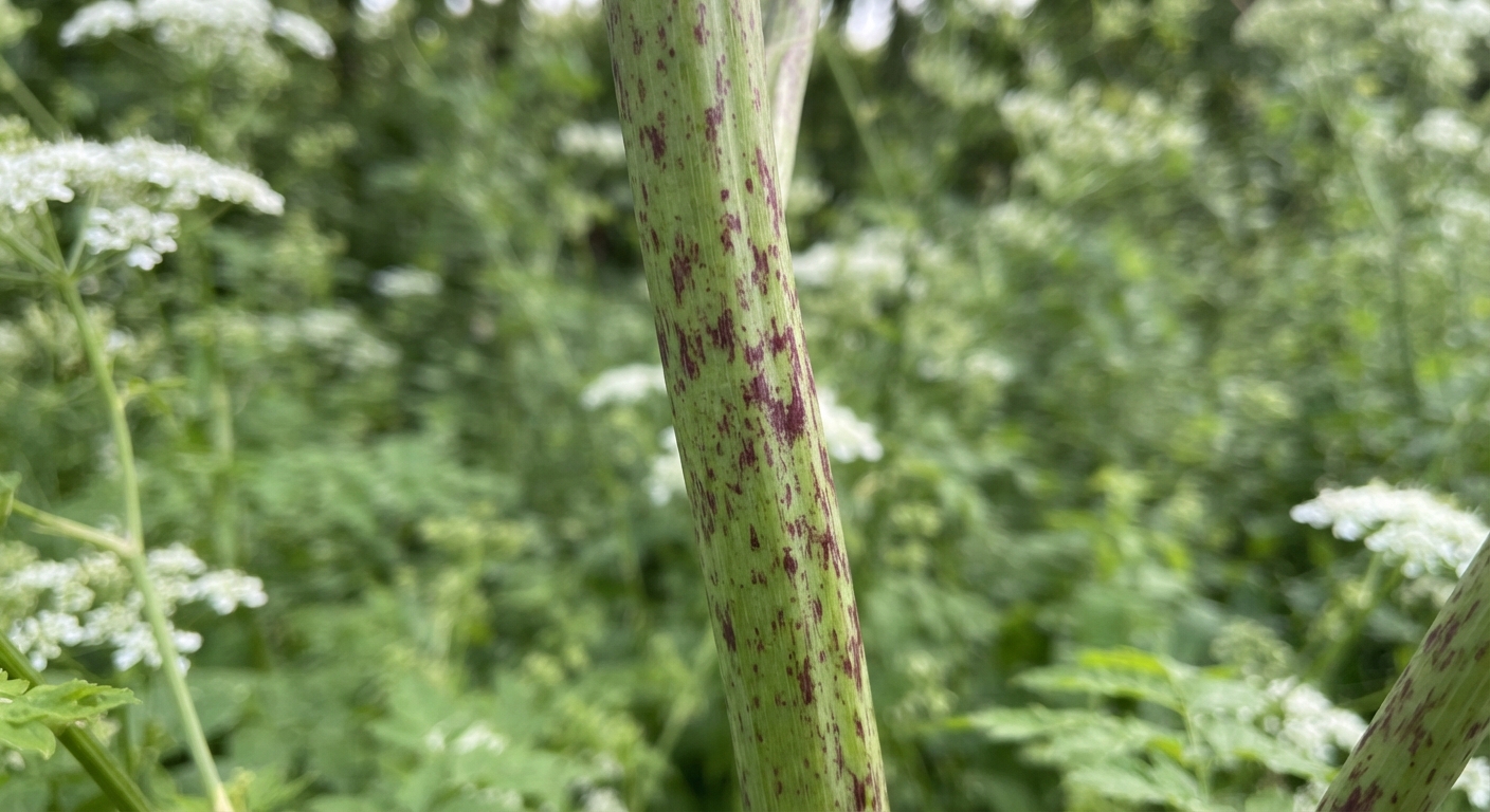 Extreme close-up of a poison hemlock stem showing purple-red blotches on a smooth green stalk