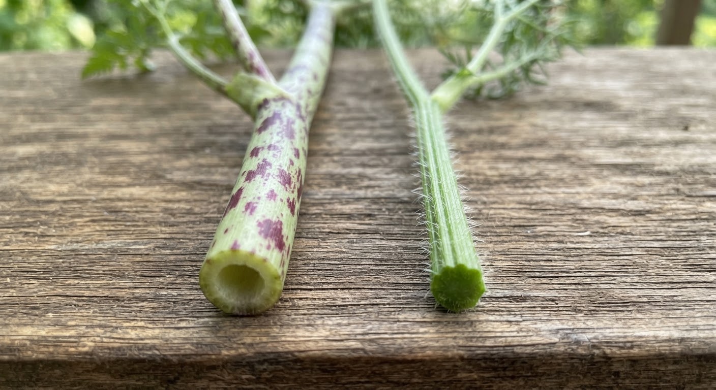 Side-by-side comparison of poison hemlock’s purple-blotched smooth stem versus wild carrot’s hairy green stem