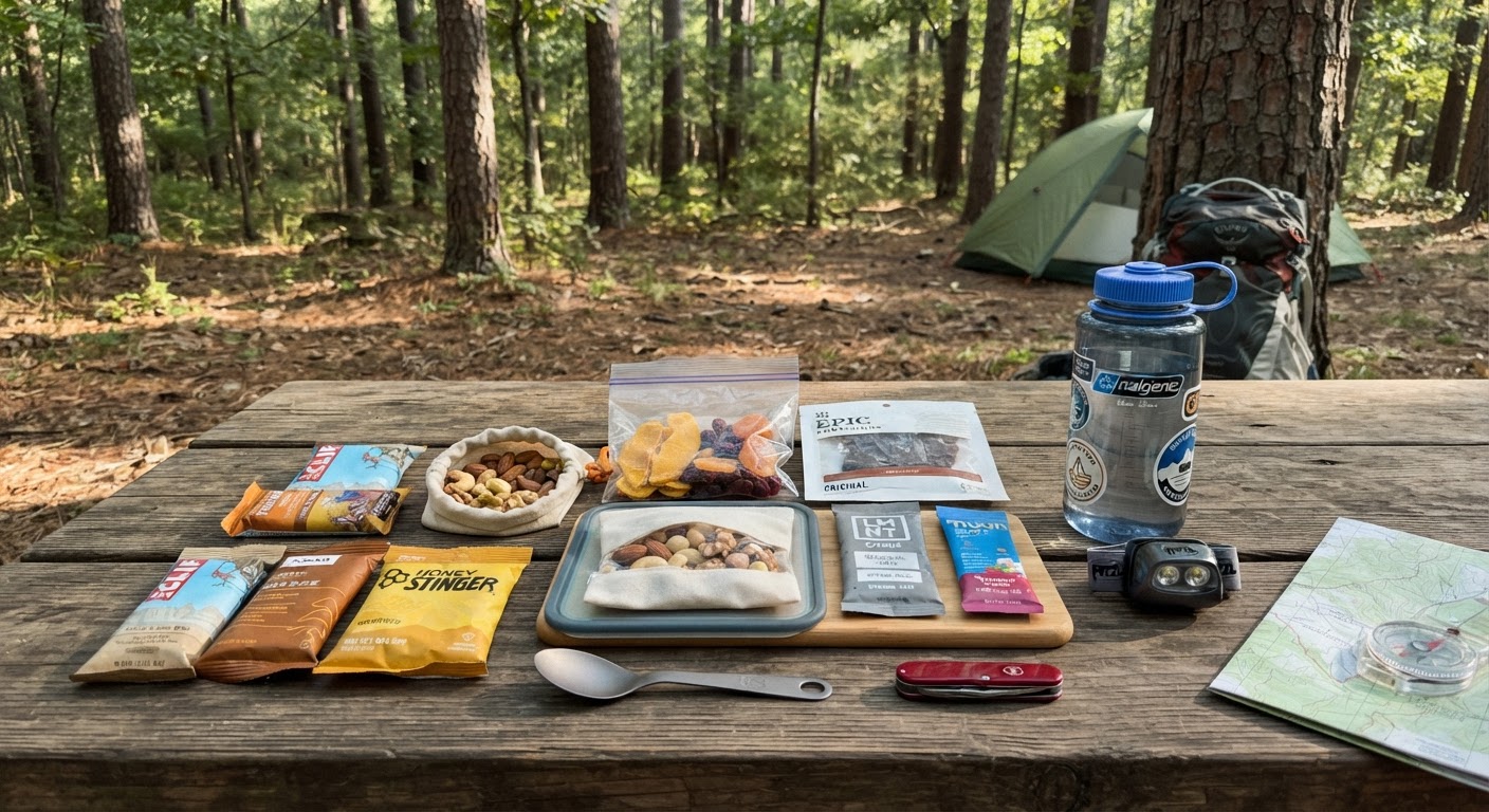 A flat lay of trail food on a camp table — energy bars, nuts, dried fruit, jerky, electrolyte packets, and a water bottle, morning light