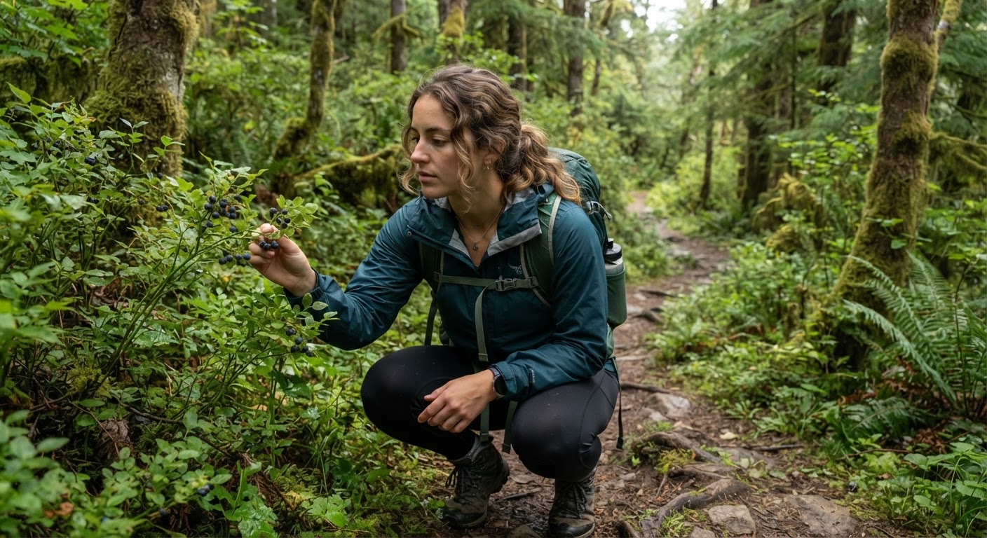 A hiker on a forest trail pausing to inspect a cluster of wild berries, thoughtful expression, lush woodland background