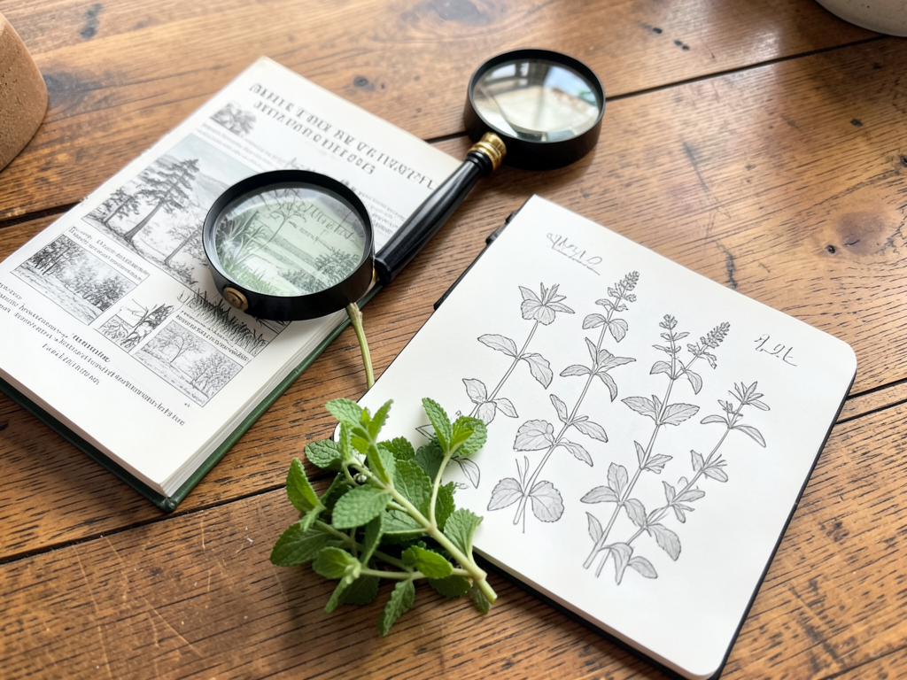 A wooden table with a field guide, a lou…