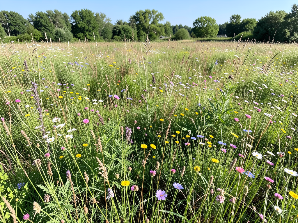 A wide shot of a diverse meadow with var…