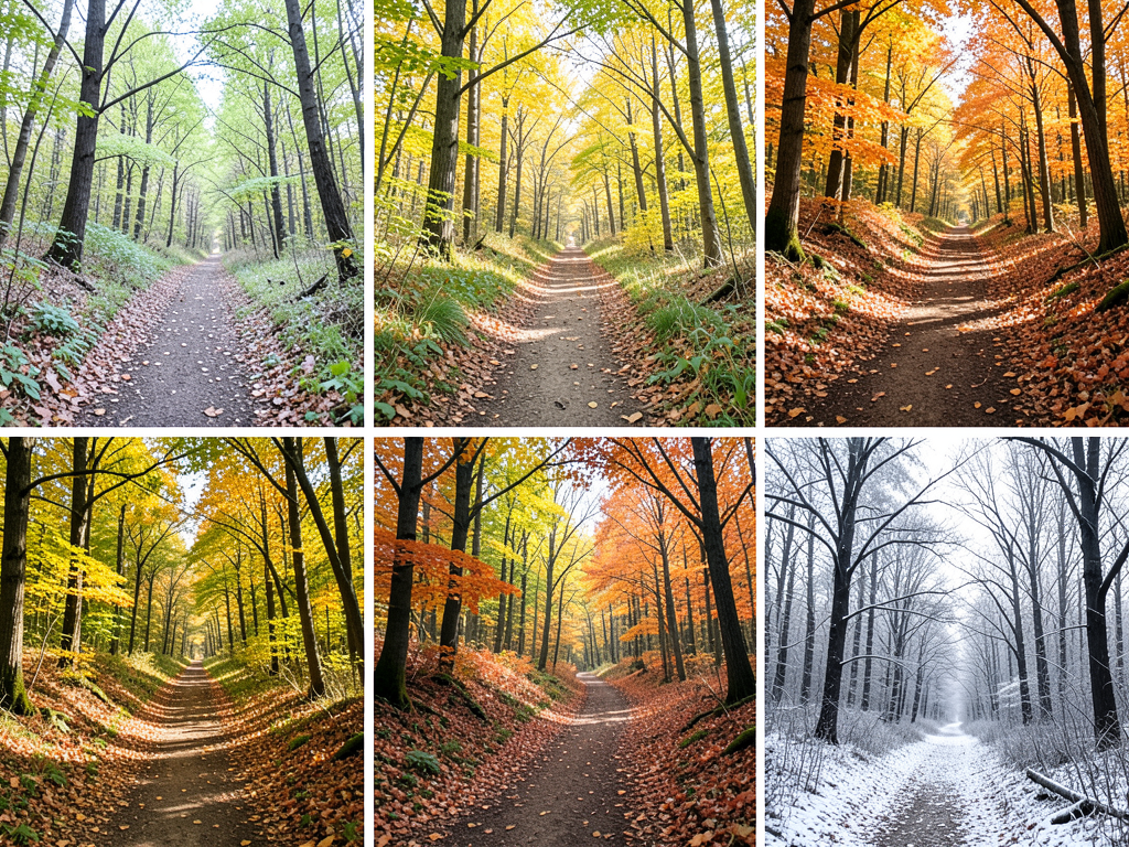 A split seasonal collage showing the sam…