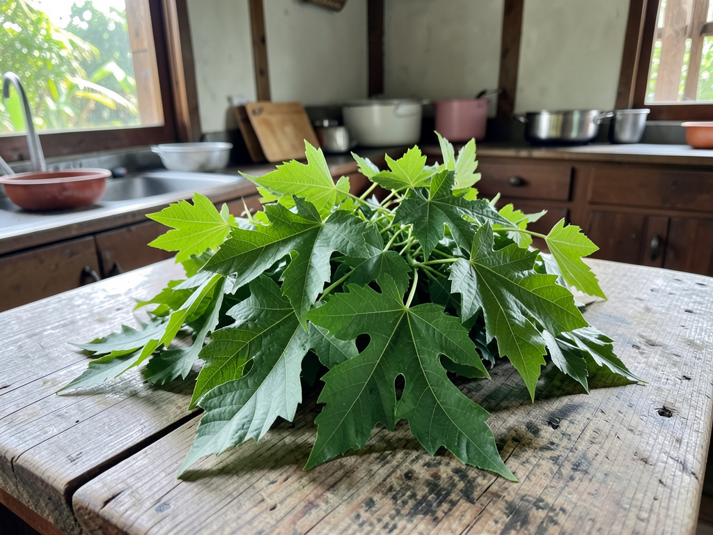 Fresh cassava leaves on wooden table