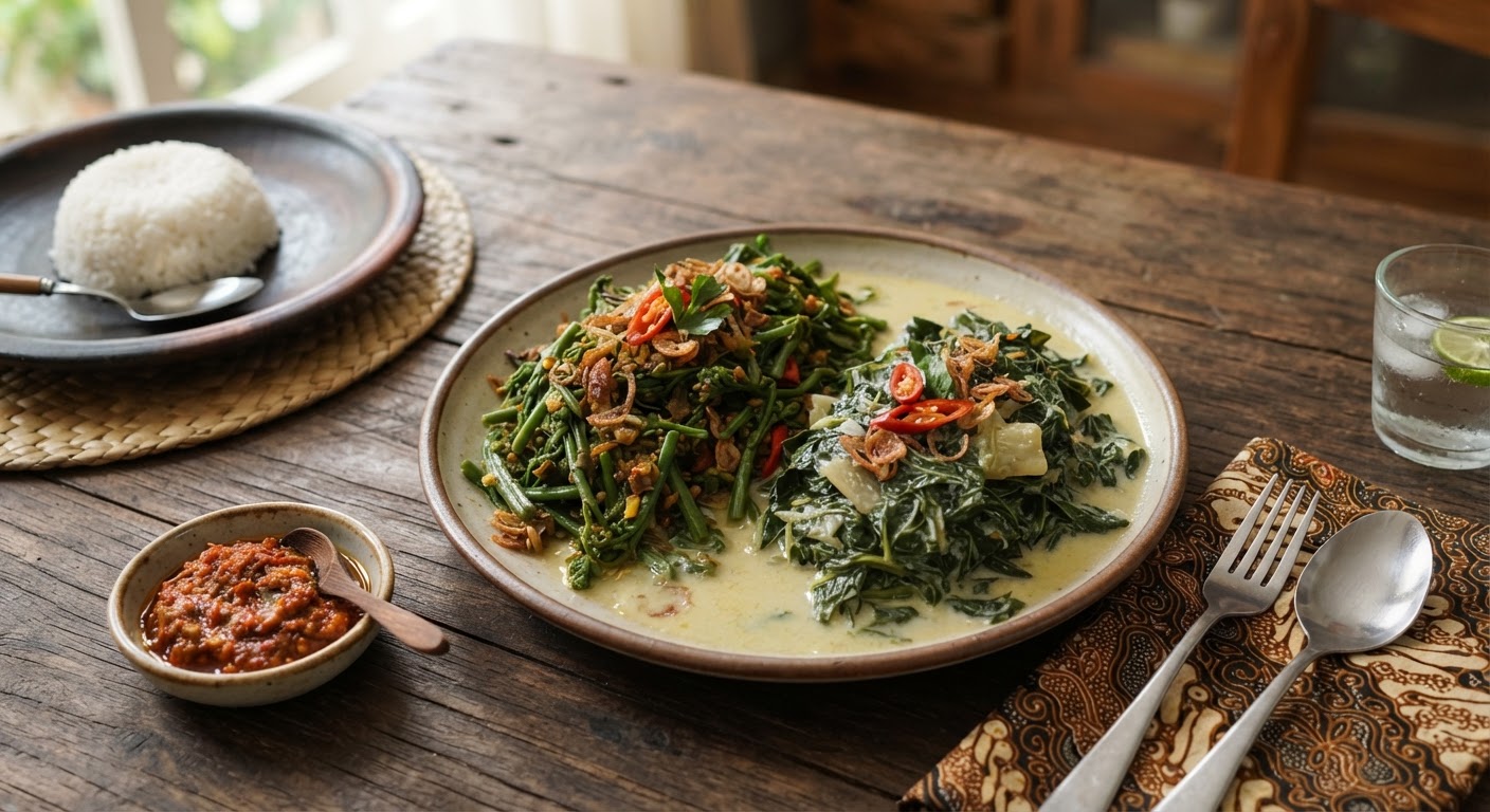 Traditional Indonesian wild greens platter with sambal
