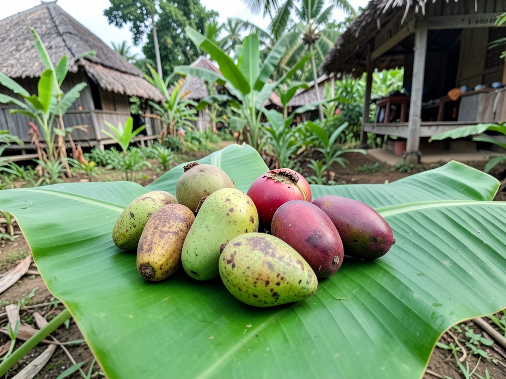 Wild tropical fruits cempedak and salak on banana leaf