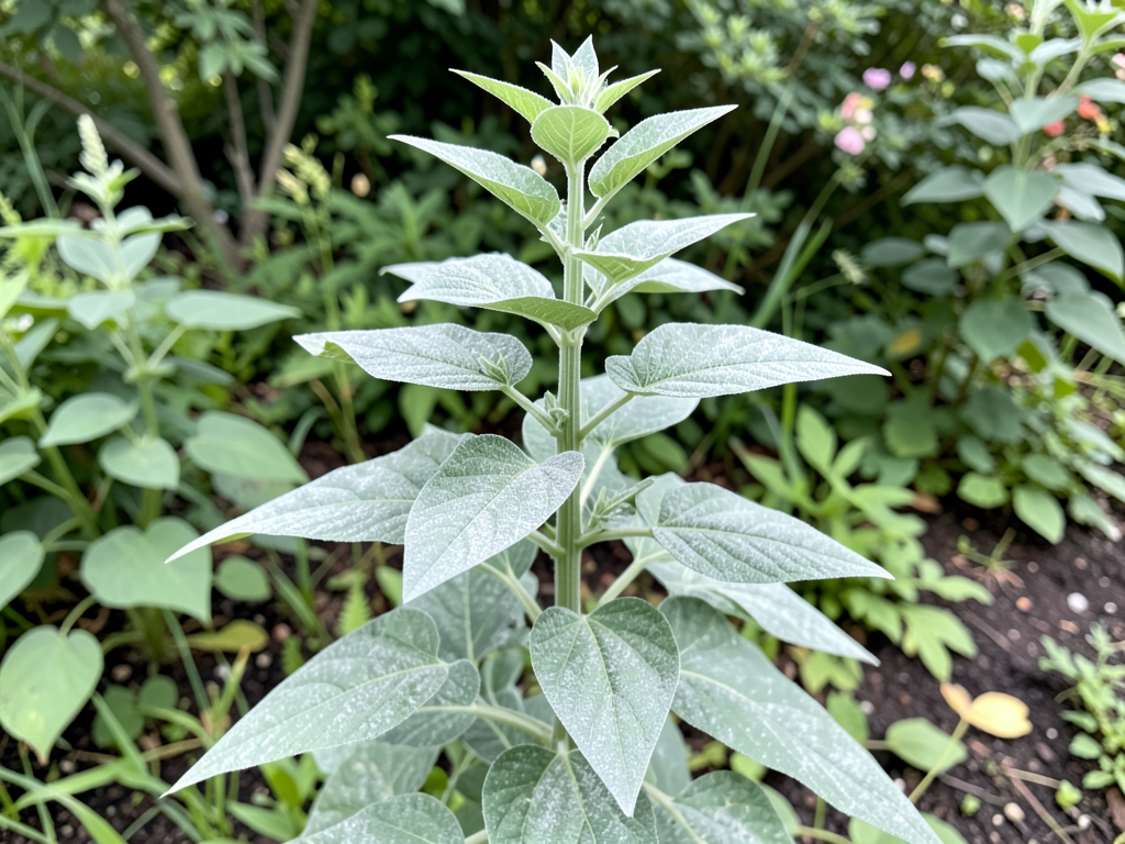 Tall lamb’s quarters plant with diamond-shaped silvery-green leaves and powdery coating