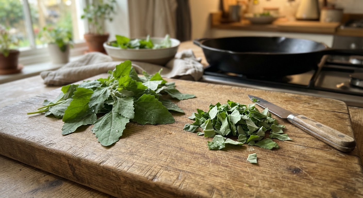 Close-up of fresh lambsquarters leaves on a rustic wooden cutting board in a kitchen, some leaves whole and some chopped, a cast iron pan in the background, natural window lighting, food photography style, realistic, shot by iphone 13