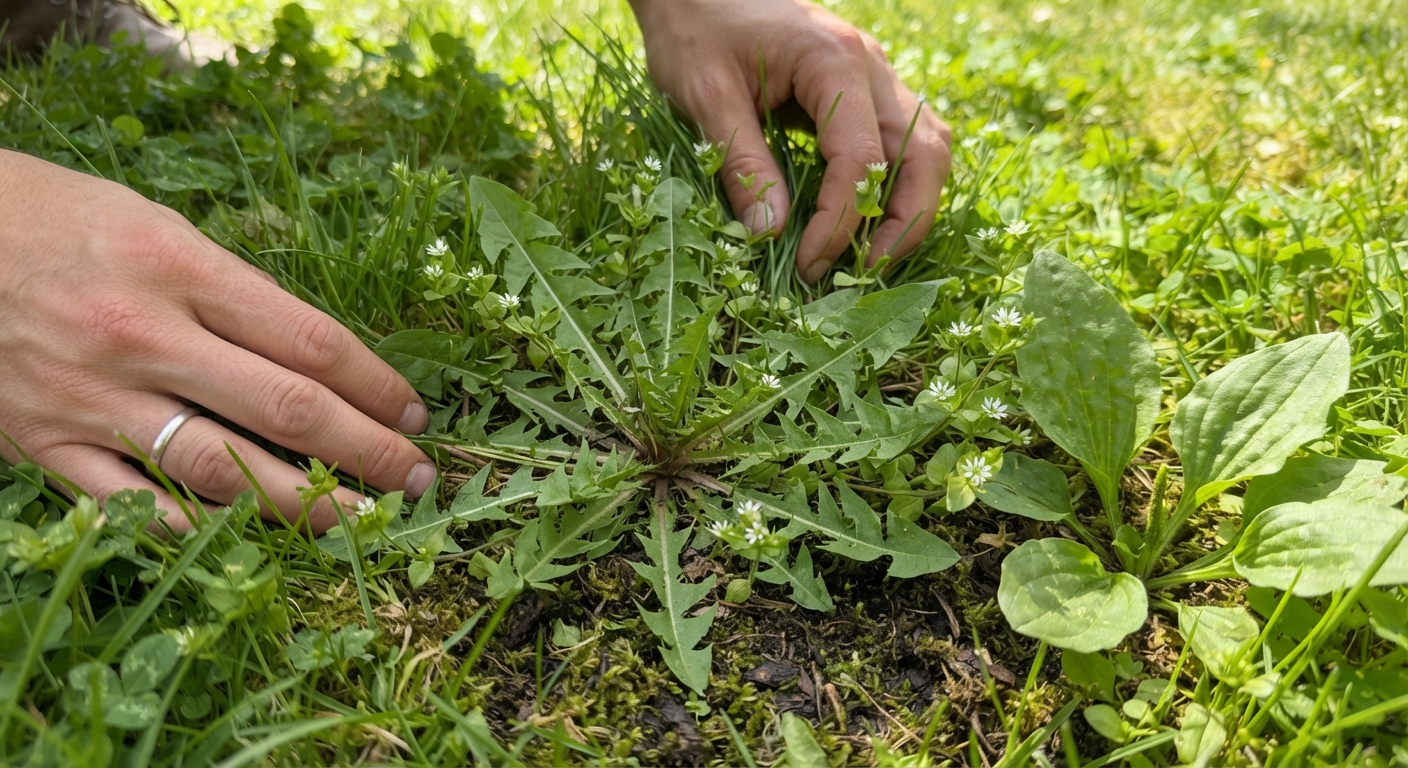 Close-up ground-level view of a typical foraging scene in a sunny lawn — hands gently parting grass to reveal a cluster of edible weeds including dandelion rosette, chickweed tendrils, and broadleaf plantain all growing together in one square foot, showing how multiple edible species coexist in lawn habitat, natural midday light, realistic, shot by iphone 13