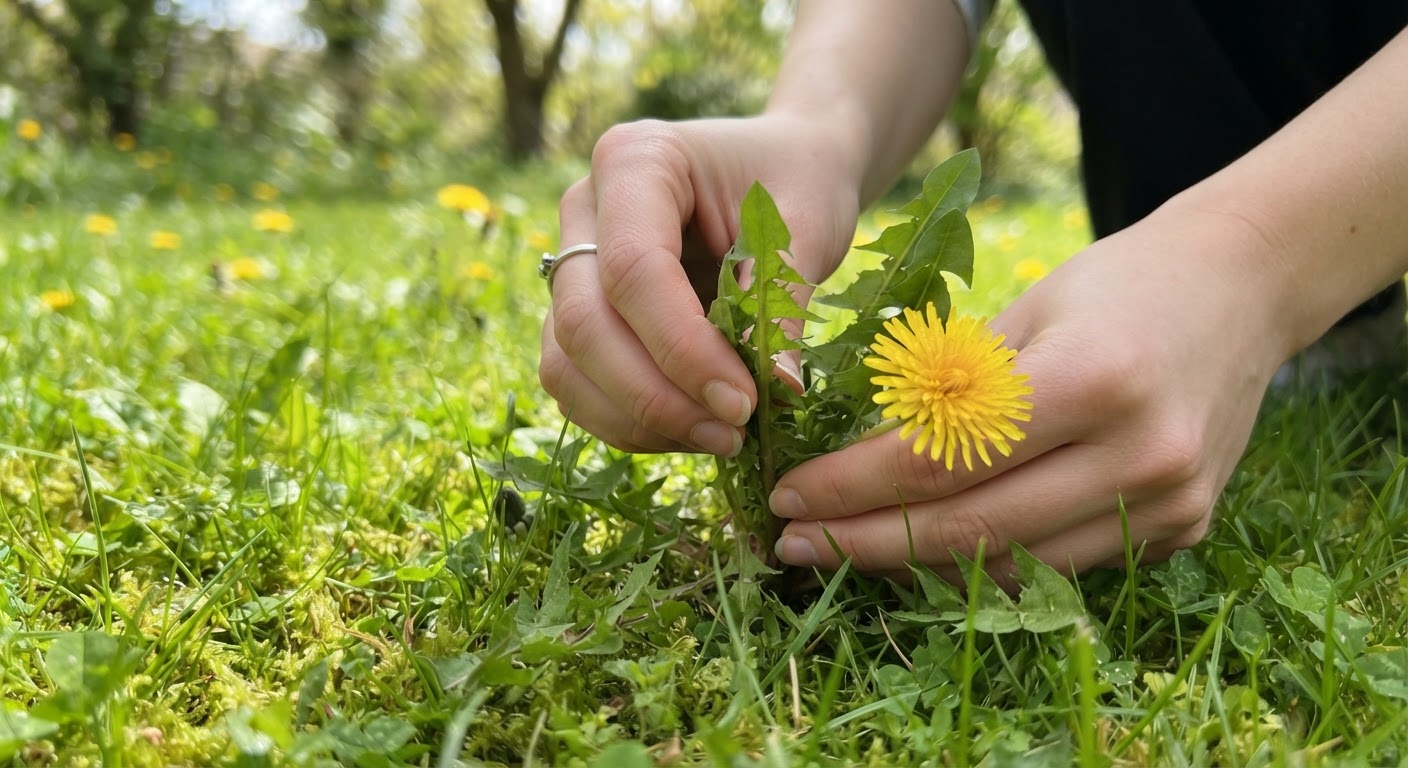 Close-up of a person’s hands gently picking young dandelion leaves and a bright yellow dandelion flower from a green lawn