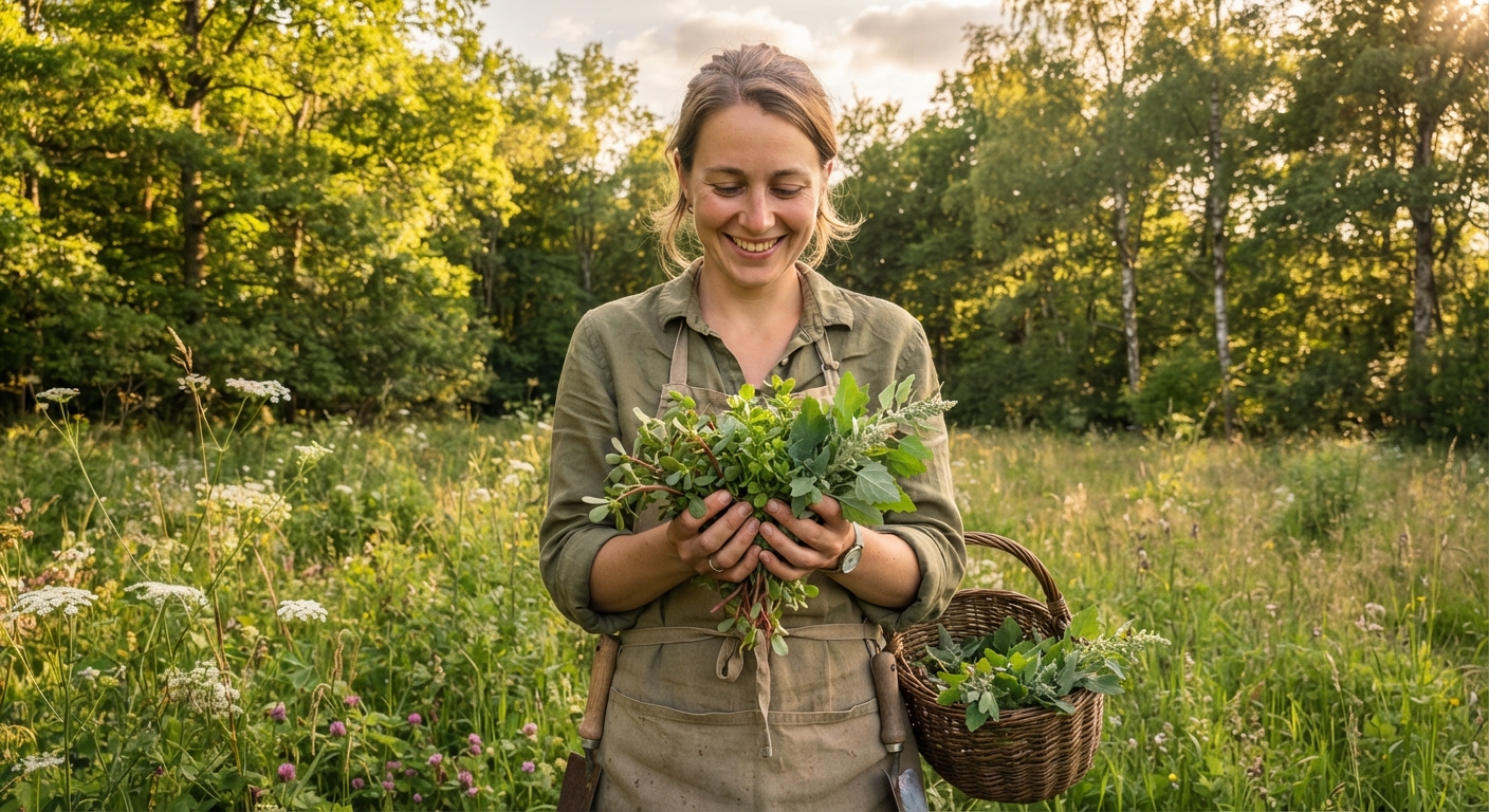 A forager holding a handful of freshly picked wild edible greens while standing in a sunlit meadow at the edge of a forest